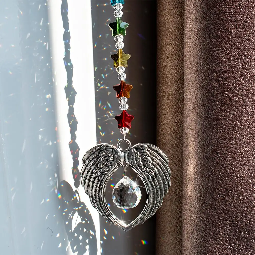 H&D Chakra Crystal Guardian Angel Wings Suncatcher Rainbow Maker Collection with Crystal Ball Hanging For Home Garden Decoration