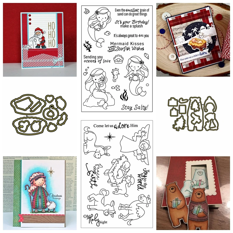 

Christmas Theme Santa Claus Mermaid Lovely Sheep Metal Cutting Dies With Clear Stamps Blessing Cheer For DIY Craft Card