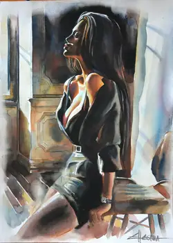 

100% Handpainted ART LARGE WATERCOLOR PAINTING BY ELLECTRA RED NUDE EROTIC