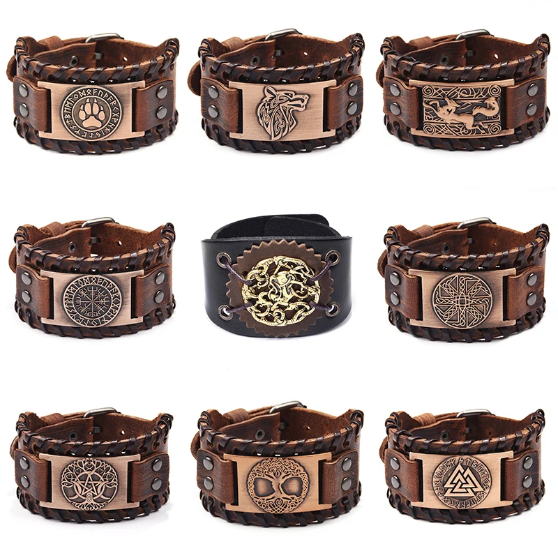 

Retro Handmade Genuine Leather Bracelet Charm Wide Leather Bracelet Viking Odin Totem Vintage Leather Hand Bangle For Man Gift