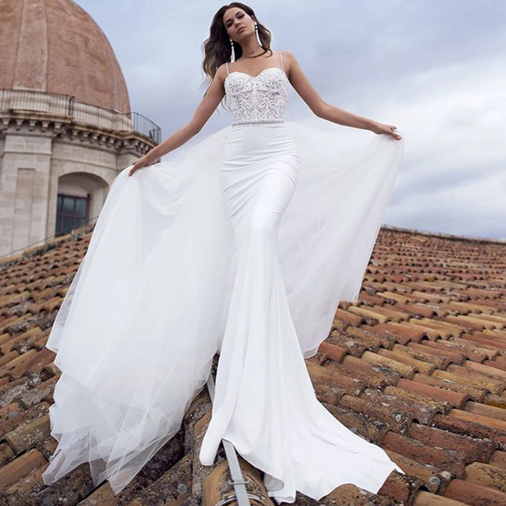 

Свадебное платье с юбкой-годе Fivsole 2021, Кружевная аппликация, милое платье на тонких бретелях, изготовленное на заказ, съемное атласное платье со шлейфом