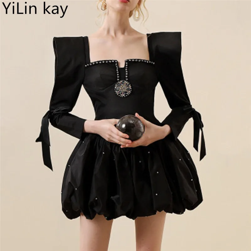 

Runway Vintage 2023 Spring Party Ball Gown Dress Sexy Women Square Collar Red Beading Dimaonds Lace Up Long Sleeve Mini Dress
