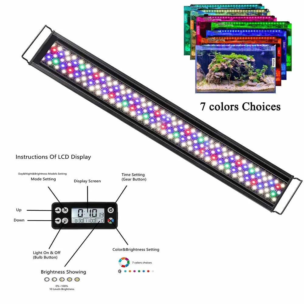 Fullgain 24/7 LCD Aquarium Light Full Spectrum Waterproof Aluminum Alloy Extendable Aqua LED Bar Lightings for Plant Growth