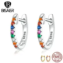 Серьги-гвоздики BISAER Лидер продаж 925 пробы серебряные круглые женские серьги цветной, с кубическим цирконом CZ серебряные ювелирные изделия ECE721