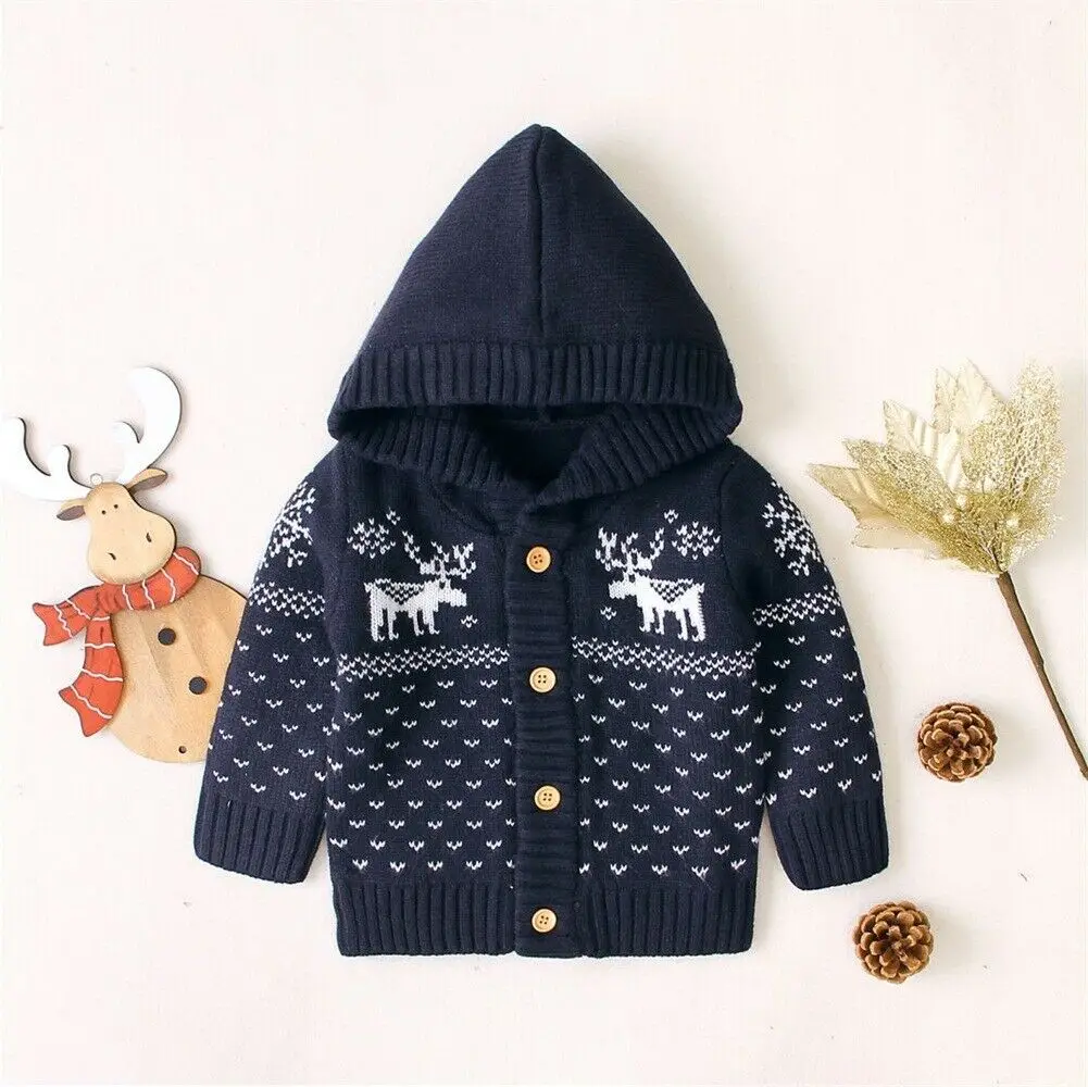 Детский вязаный кардиган; осенний Детский свитер с капюшоном; Одежда для мальчиков с рождественским оленем; детские свитера; теплая однобортная куртка для девочек