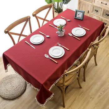 

Nordic Waterproof Table Cloth Pure Color Table Cover Cotton and Linen Tassel Lace Geometric Rectangular Tablecloth