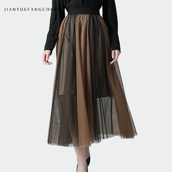 

Chiffon Long Skirt Women Elastic High Waist A-Line See through Double Layered Pleated Mesh Skirts Elegant Vintage Ladies Skirt