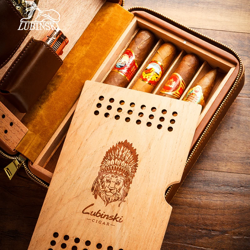 Lubinski portasigarette da viaggio in vera pelle di coccodrillo in legno di cedro Humidor con Set di umidificatori per accendisigari