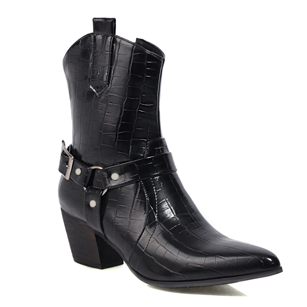 

Stone Pattern Triangle Belt Buckle Rivet Mid-Calf Boots V-Shaped Mouth Pointed Thick Heel PU Women's Boots Microfiber Shoes