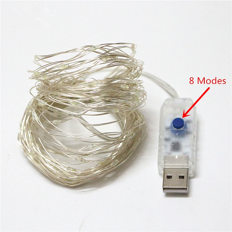 USB 5 В фея 10 м светодиодный световой шнур Водонепроницаемый Серебряная Линия безопасности 8 видов режима освещения монохромный