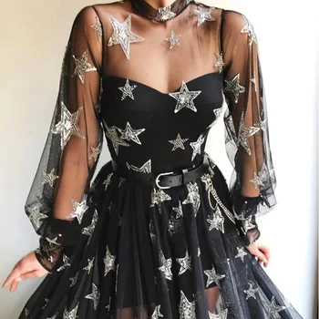 

BacklakeGirls Women's High Collar Tulle Dress Long Sleeve Stars Printed A-line Sequined Split Long Evening Dress Robe Noir