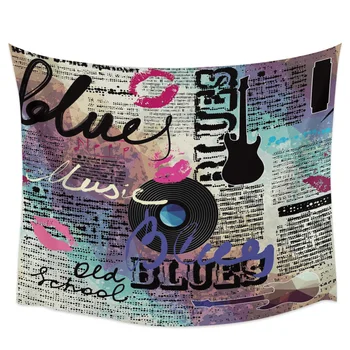 

Guitar Disc Black Lips English Word Retro Music Newspaper Tapestry Cover Beach Towel Picnic Yoga Mat Home Decoration