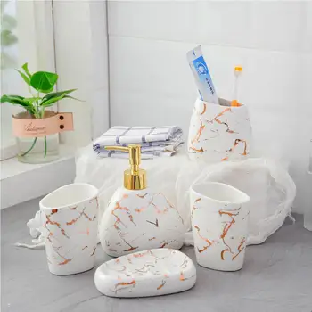 

Japanese Bathroom Accessories Set Lmitation Marble Pattern Ceramic Bathroom Set Melamine tray Cotton Swab Box Wash Kit