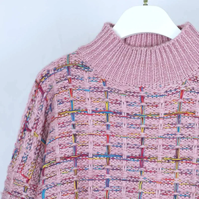 Осень зима клетчатый свитер женский корейский ленивый ветер короткий Свободный Повседневный клетчатый свитер Пуловеры с рукавами в форме фонаря для девушек - Цвет: pink