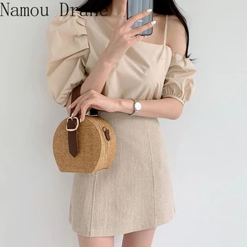 

Summer Two Piece Set Womens Outfits Sexy Slash Neck Short Sleeve Blouses and High Waist A-line Mini Skirt 2 Piece Sets Elegant