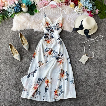 

Korean Bohemian Holiday Camis Dress High Waist Hip Print A Line Vestido Summer Sleeveless V Neck Beach Long Ropa