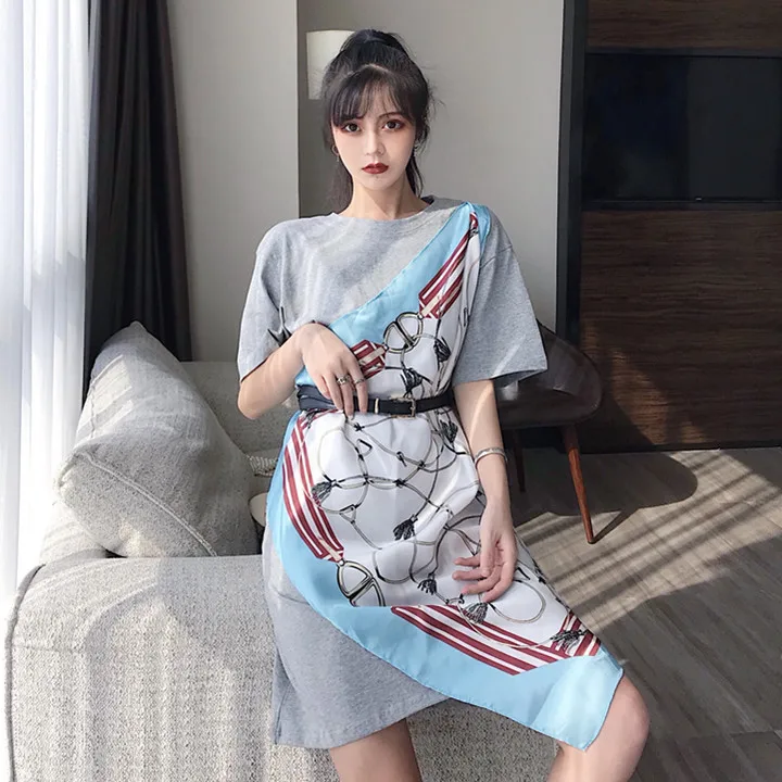 

Photo Shoot Online Celebrity Silk Scarves Joint Slimming Short Sleeve T-shirt Loose-Fit Versatile Casual Mid-length Women's