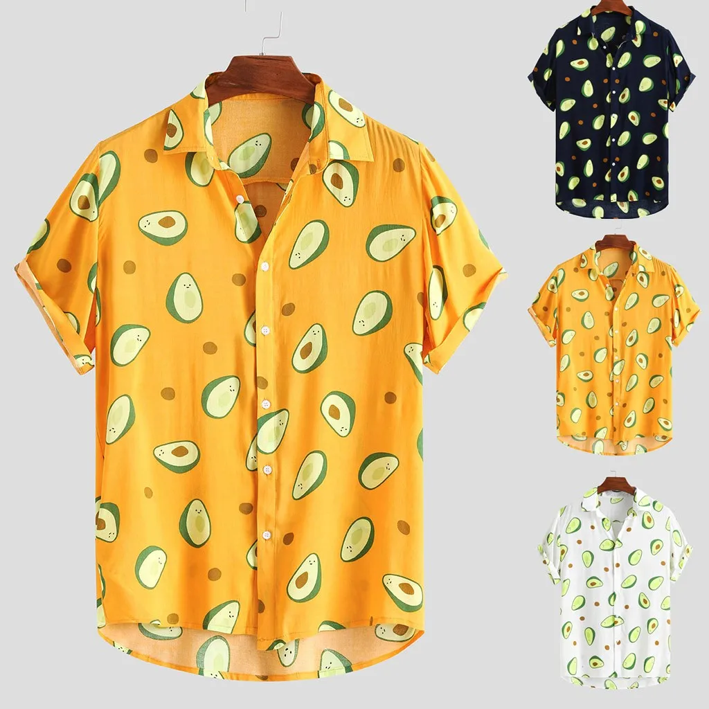 Гавайская Мужская рубашка с забавным принтом авокадо, с отложным воротником, с коротким рукавом, повседневная мужская рубашка на пуговицах, уличная пляжная рубашка