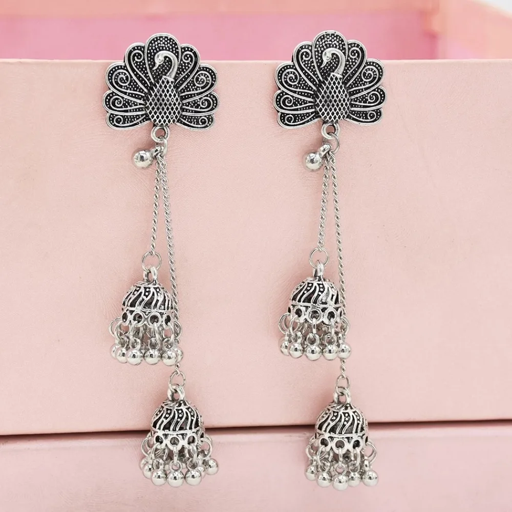 Для женщин индийский окисленный Jhumka Jhumki индийские серьги золотого и серебряного цвета, на крючках с длинной бахромой серьги женские массивные уши афганских ювелирные изделия