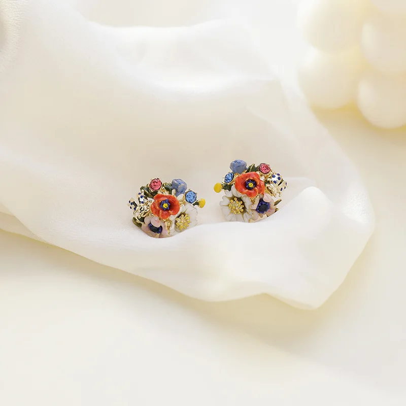Retro Colorful Enamel Flower Earrings 2020 Vintage Gold Color Alloy Multi Flowers Glass Small Stud Earrings Statement Jewelry