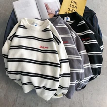 

EBAIHUI Knitted Sweater O-Neck Embroidered Letter Harajuku Casual Pullover Striped Men's Jumper Leisure Loose Fashion Knitwear