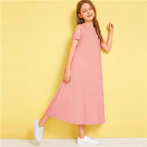 SHEIN/однотонное Повседневное платье с открытыми плечами и перекрещивающимися крест-накрест для детей; коллекция года; летние эластичные детские футболки с короткими рукавами - Цвет: Розовый