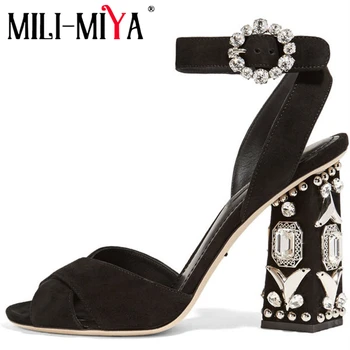 

MILI-MIYA Fashion Women Sandals Cow Leather/Kid Suede Square Heels Crystal Buckle Strap Party Summer Shoes Big Size 34-43
