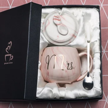 

OUSSIRRO Natural Marble Porcelain Coffee Mug Mr and Mrs Tea Milk Cup Creative Wedding Anniversary Gift