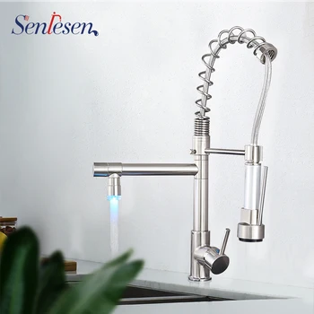 

Senlesen Spring Kitchen Faucet Nickle Led Pull out Side Sprayer Dual Spout Single Handle Mixer Tap Sink Faucet 360 Rotation