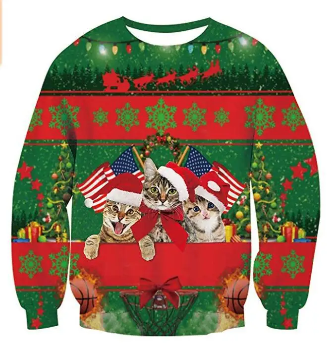 Уродливый Рождественский свитер с 3D космическим галактическим котом, джемпер для мужчин и женщин, с круглым вырезом, с длинным рукавом, с капюшоном, топы, пуловер, толстовка, толстовка - Цвет: Size R