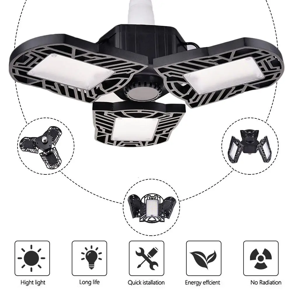 

80W/8000LM LED Adjustable Three Light Garage Lamp High Bay Light UFO Workshop Parking Warehouse Lamp 85-265v E27/E26