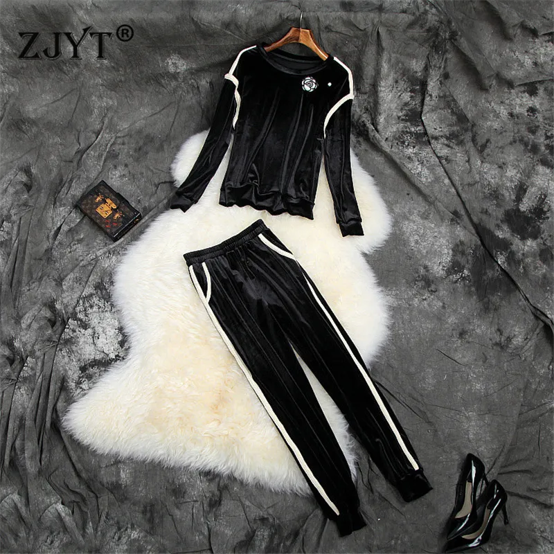 

High Fashion Fall Winter Women Pants 2 Pieces Sets Long Sleeve Solid Casual Velvet Top and Pants Suit Casual Twinset Female