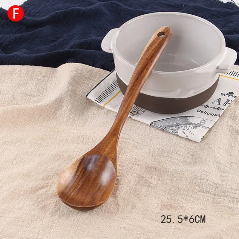 Деревянная кухонная утварь для кухонного инструмента органические деревянные ложки для кухонных инструментов для антипригарной посуды натуральное тиковое дерево - Цвет: F