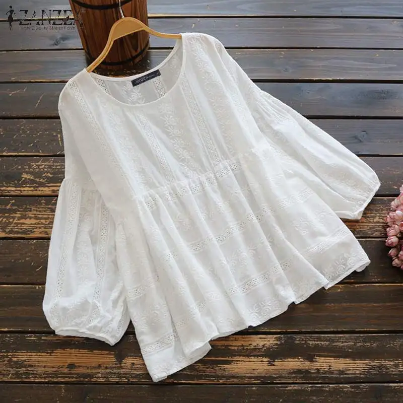 

Elegant Hollow Tops Women Spring Blouse 2020 ZANZEA Casual Long Sleeve Blusas Female Lace Patchwork Tunic Plus Size Tops Chemise
