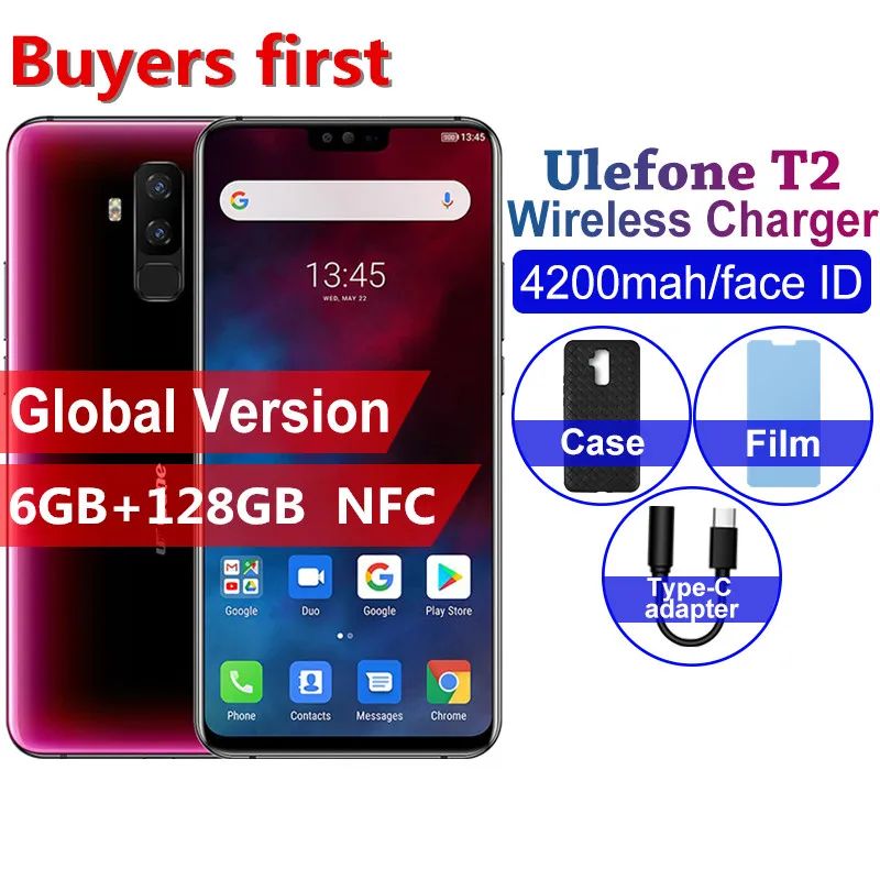 Новый мобильный телефон Ulefone T2 4G Android 9,0 6,7 "19:9 Helio P70 Восьмиядерный 6 ГБ + 128 Гб 4200 мАч NFC Беспроводной заряд 16.0MP смартфон