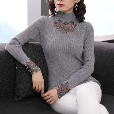 Новинка, ажурный кружевной свитер с цветочной вышивкой, Женская водолазка, эластичная трикотажная рубашка, Sueter Mujer - Цвет: Gray
