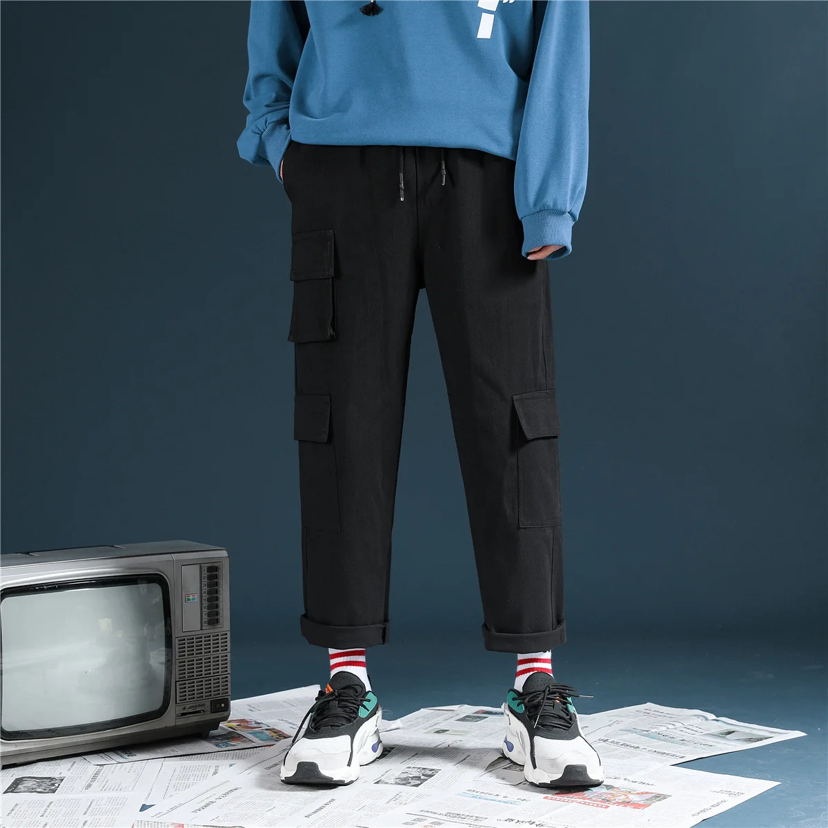 

Capri Pants Sub-Men's Korean-style Trend Spring And Autumn Street Hip Hop Beam Leg Athletic Pants Loose Casual Bib Overall Men's