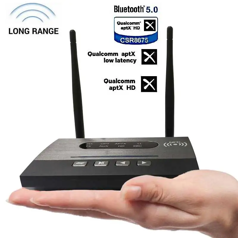 

Bluetooth Transmitter Receiver Long Range 80m/265ft aptX HD Bluetooth 5.0 Receiver Dual Antennas 3 in 1 TX/RX/Bypass Mode aptXLL