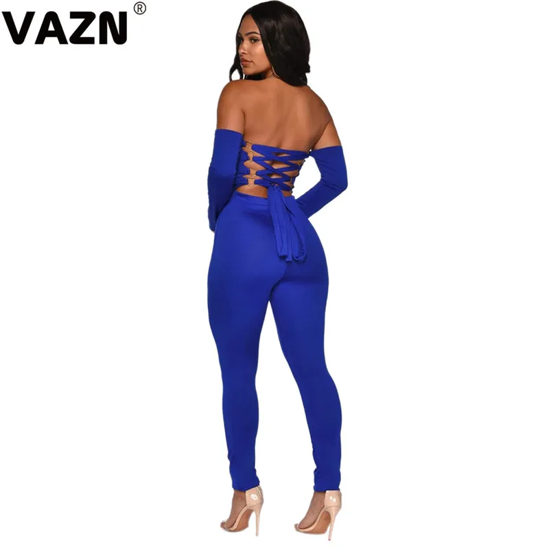 VAZN SH7138 Новое Открытое сексуальное Клубное платье выдалбливают Необычные синий без бретелек длинный рукав крестообразная шнуровка Для женщин комбинезоны с завышенной талией