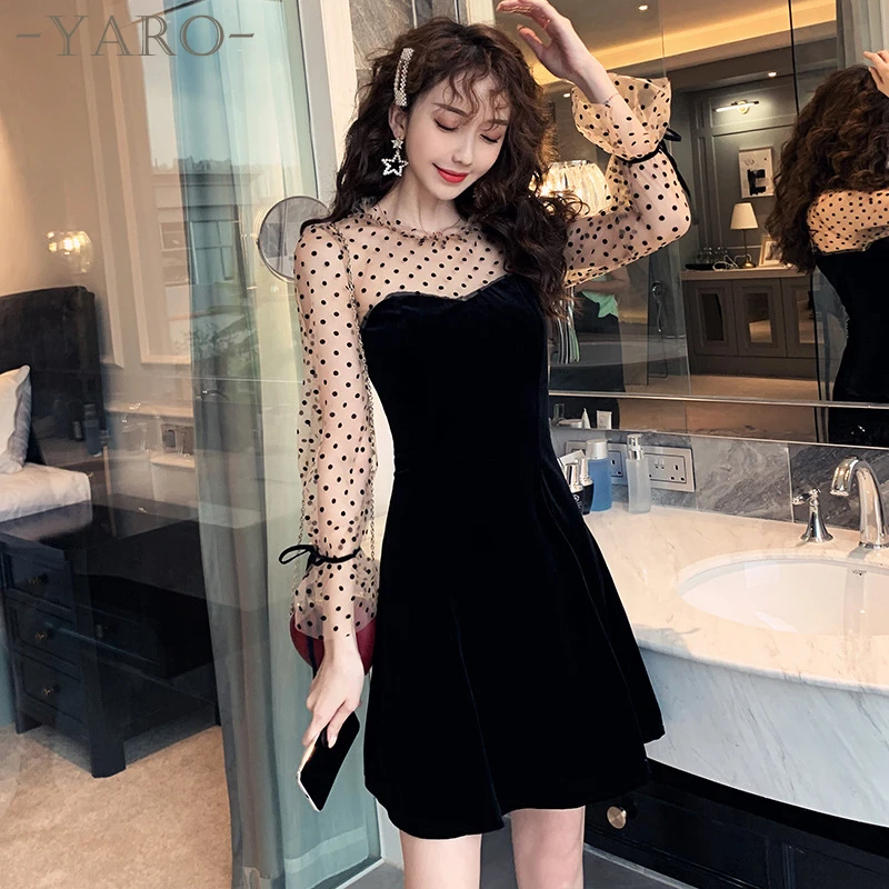 

Free shipping Early autumn fashion new little black dress sexy wave point mesh thin temperament velvet dress women vestidos