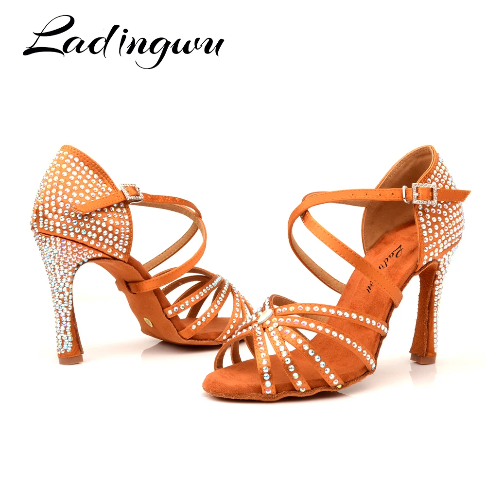 Ladingwu Customized Heel And Color Soft Woman Girls Soft Satin And Rhinestone Latin Salsa Ballroom Dance Shoes For Ladies