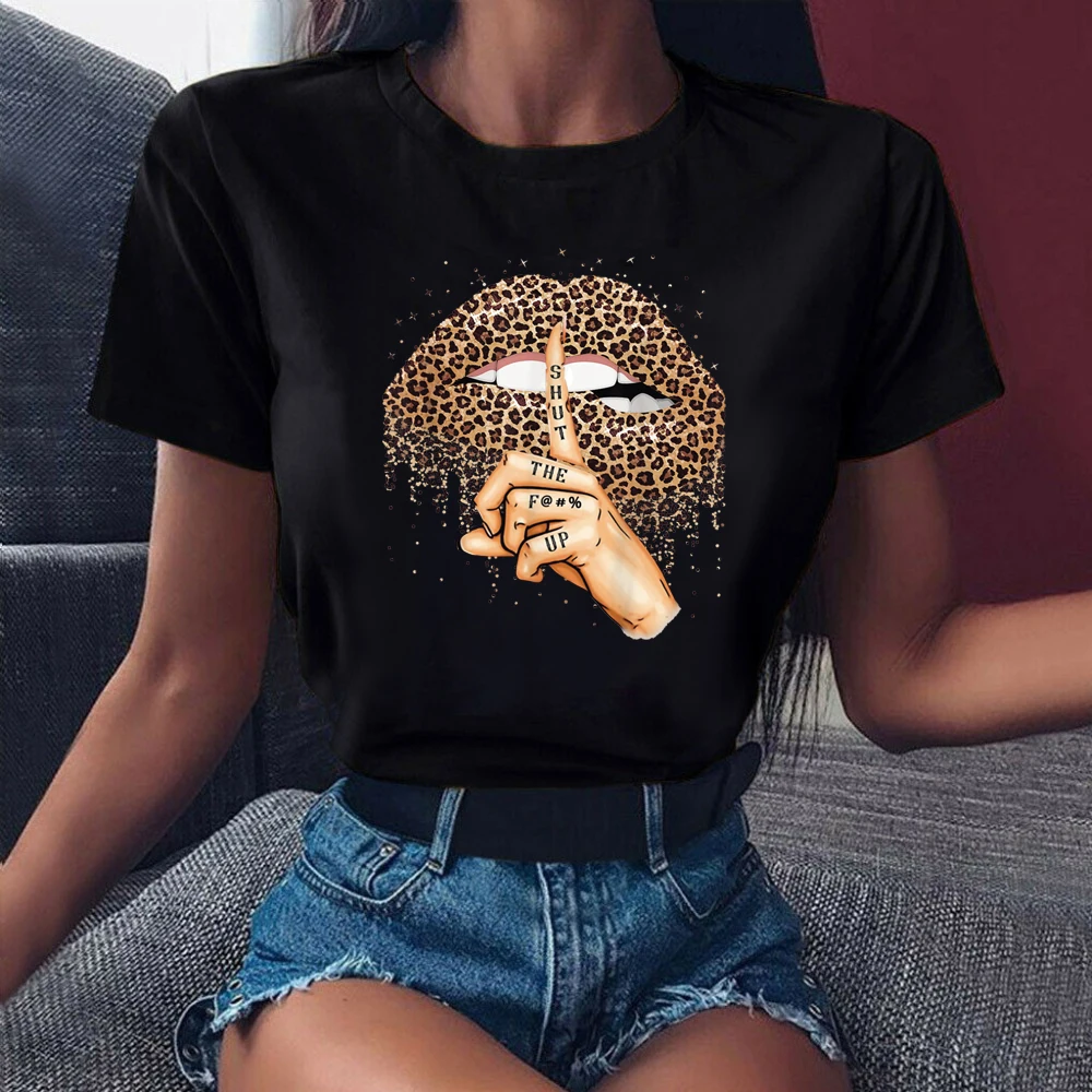 Shirt Lips Tees Base Women Tops Funny Leopard Summer Fashion O-Neckblack ZOGANKIN