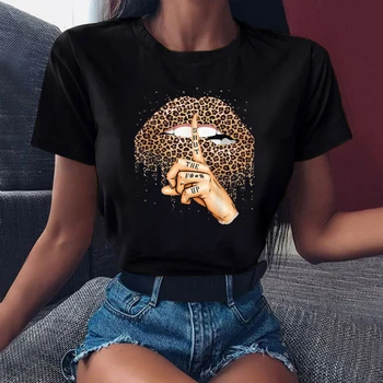 Funny Girls Tshirt Tees Summer Leopard Lips Kiss Graphic Tops Base O-Neck Black