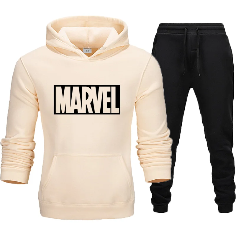 Простой модный мужской костюм с принтом Marvel, спортивный костюм, мужской спортивный костюм, флисовая плотная толстовка с капюшоном+ штаны, спортивный костюм, Азиатский размер