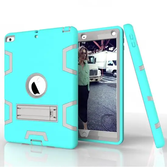 Чехол для iPad 9,7 6th iPad 9,7 5 thTablet, детский безопасный сверхмощный силиконовый Жесткий противоударный Броня Гибридный трехслойный стенд - Цвет: mint green grey