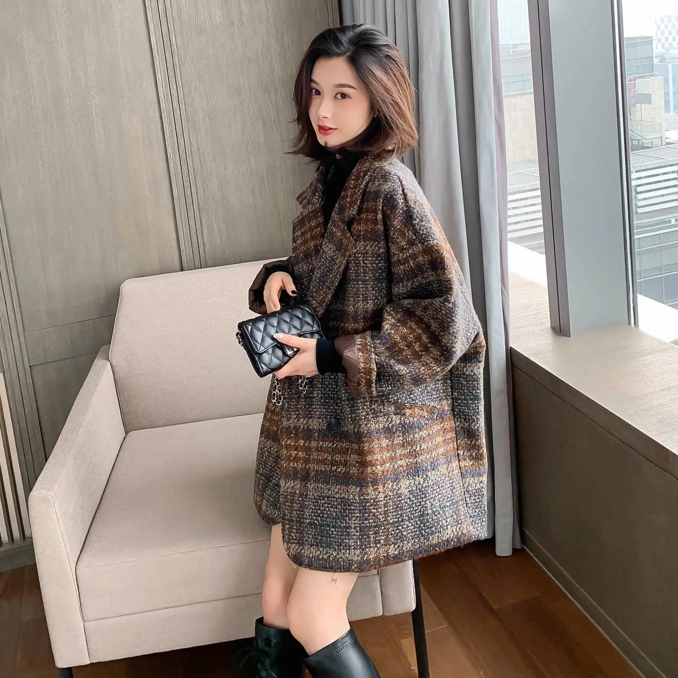 

Fashion Plaid Wool Blend Coat Women 2020 Autumn Winter Warm Woolen Coats Korean Wool Jacket Coat Female Long Wool Blend Overcoat