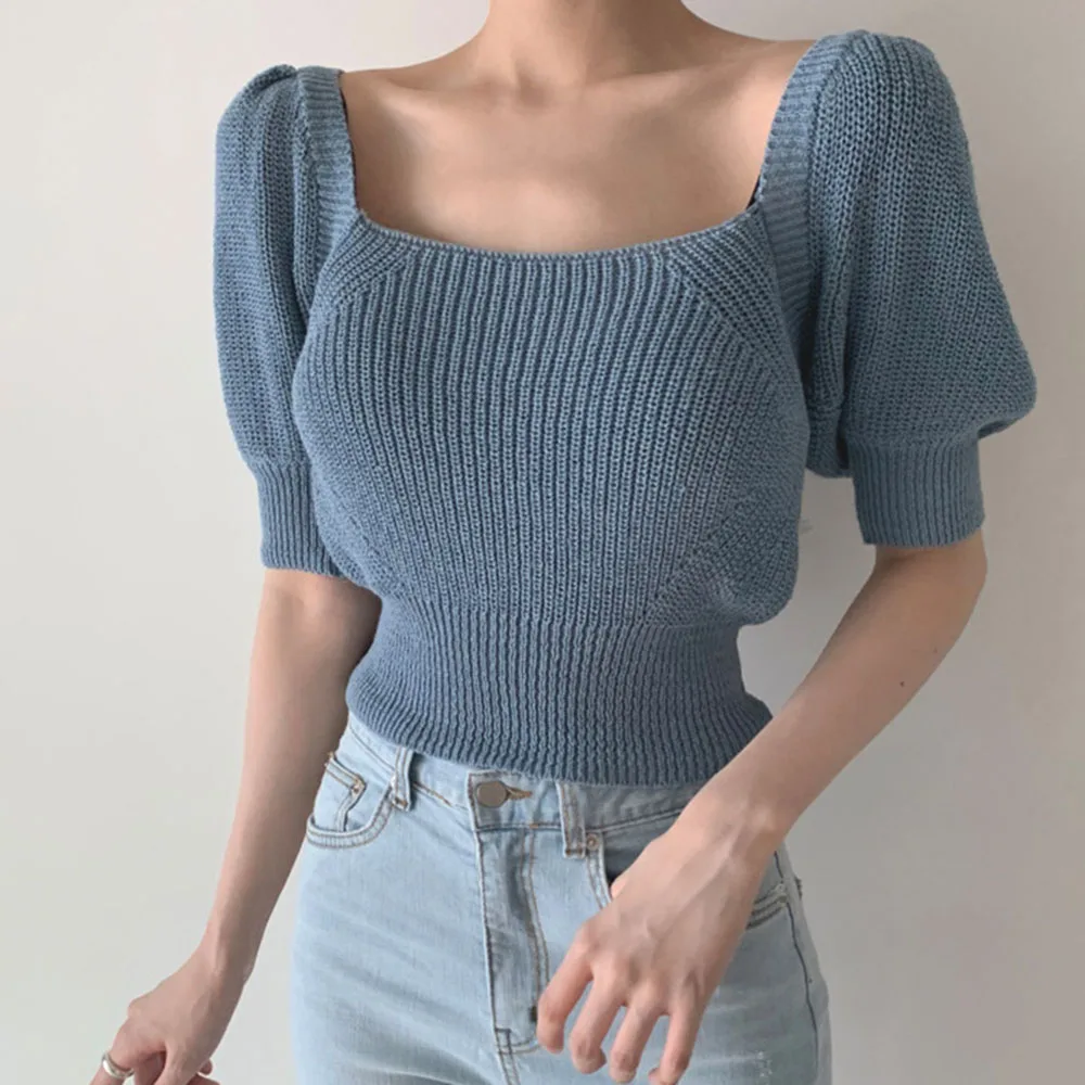 

Knit Backless Blouse 2020 Chic Solid Color Puff Sleeve Slim Short Knitted Blouse Shirts Women Blusas Pullover Tops New