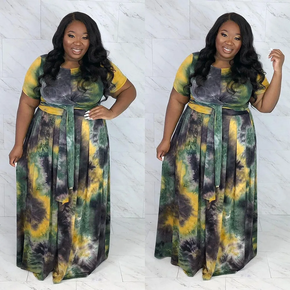 XL-5XL Sexy 2-Piece Skirt Plus Size Women's Short-Sleeved Top + Half-Length Skirt + Belt Digital Printing Casual Skirt Suit 2021 african style clothing Africa Clothing