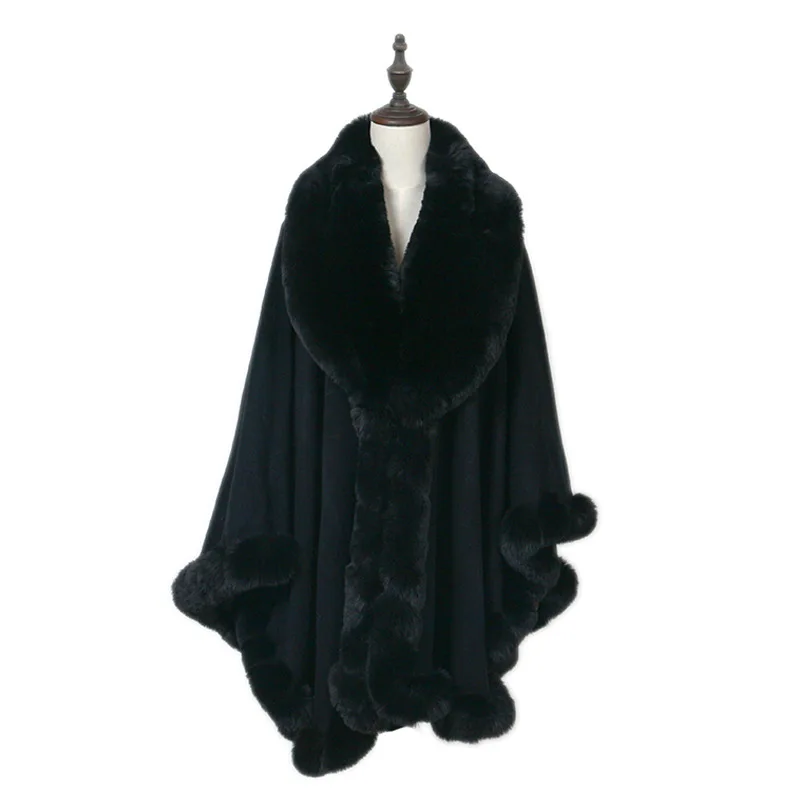 Europe and the United States autumn and winter new imitation cashmere cloak female warm solid color imitation hare hair - Цвет: Черный