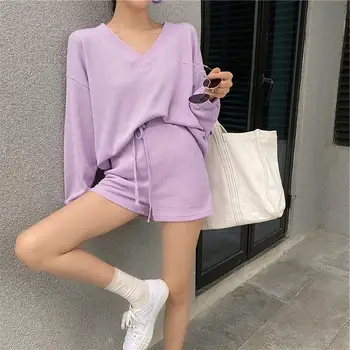 

Korean style knitted two piece set women v neck lantern sleeve sweatshirt + lace up bow shorts suits female casual 2 piece sets